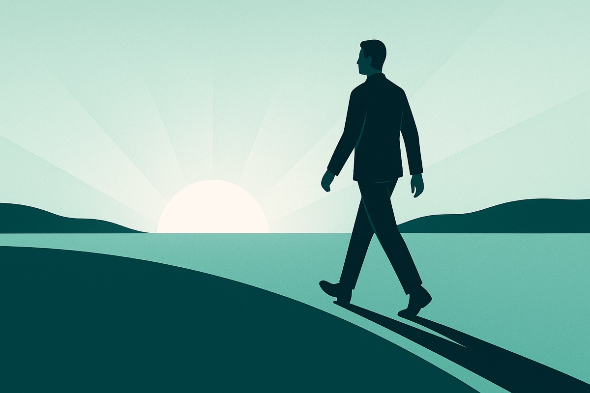 A founder walking forward into a sunrise, momentum and forward motion beginning